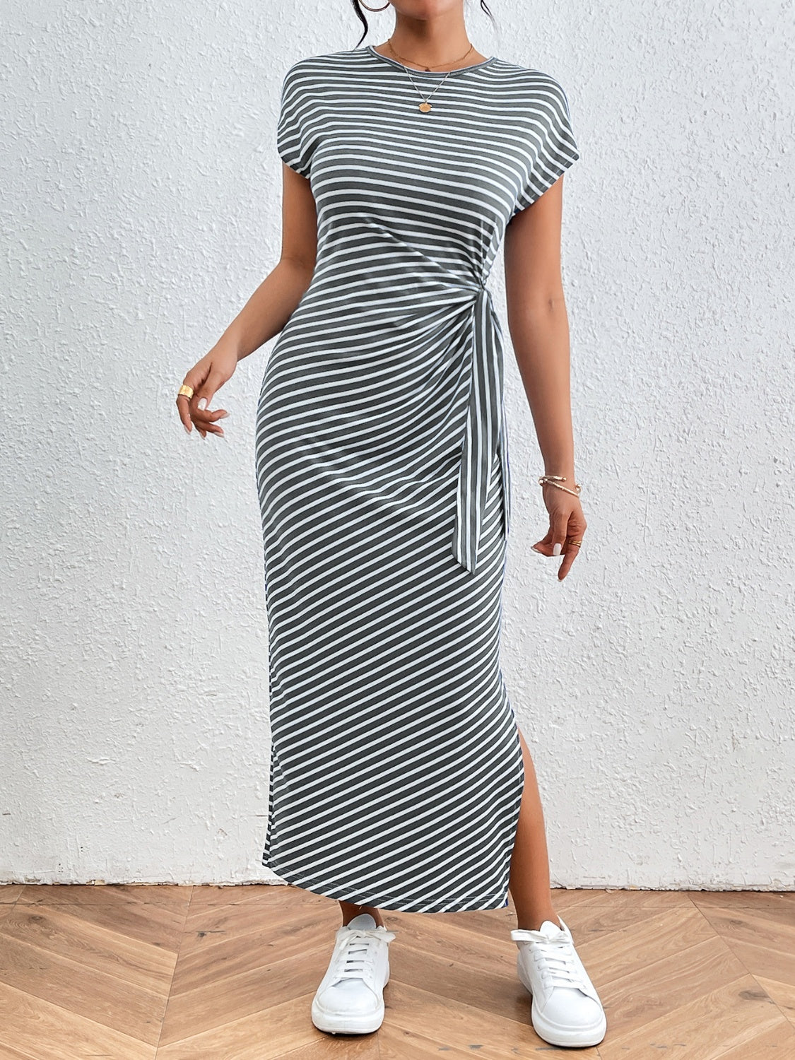 Tied Striped Round Neck Short Sleeve Tee Dress-Angel Casuals