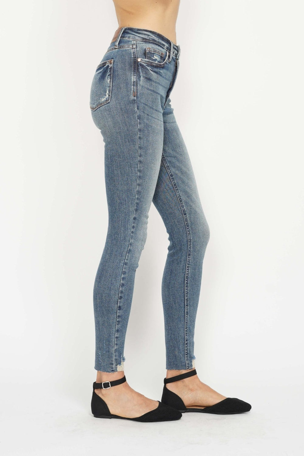 Judy Blue Full Size Tummy Control Vintage Wash Hem Destroy Skinny Jeans-Angel Casuals