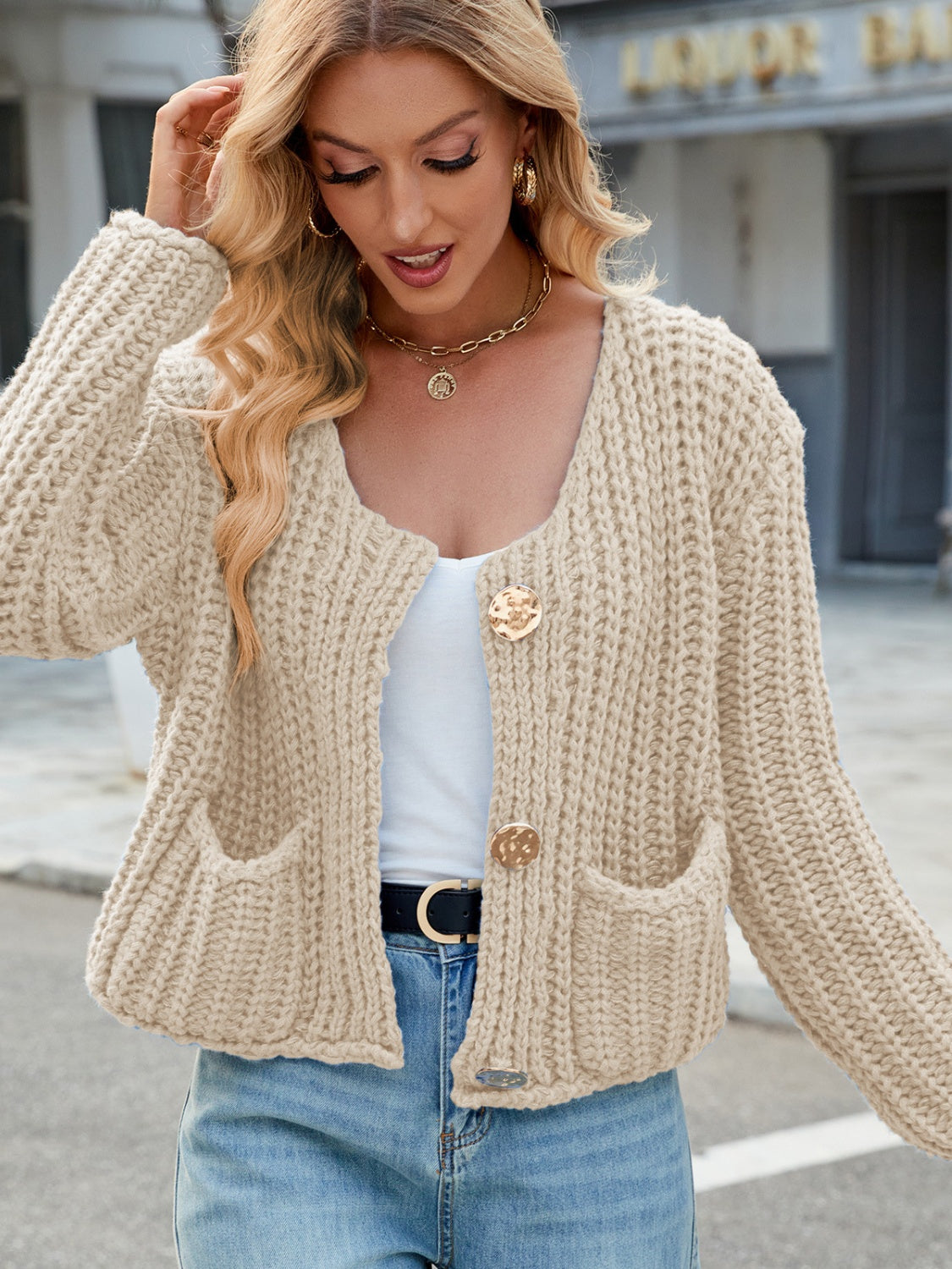 Round Neck Button Up Cardigan with Pockets-Angel Casuals