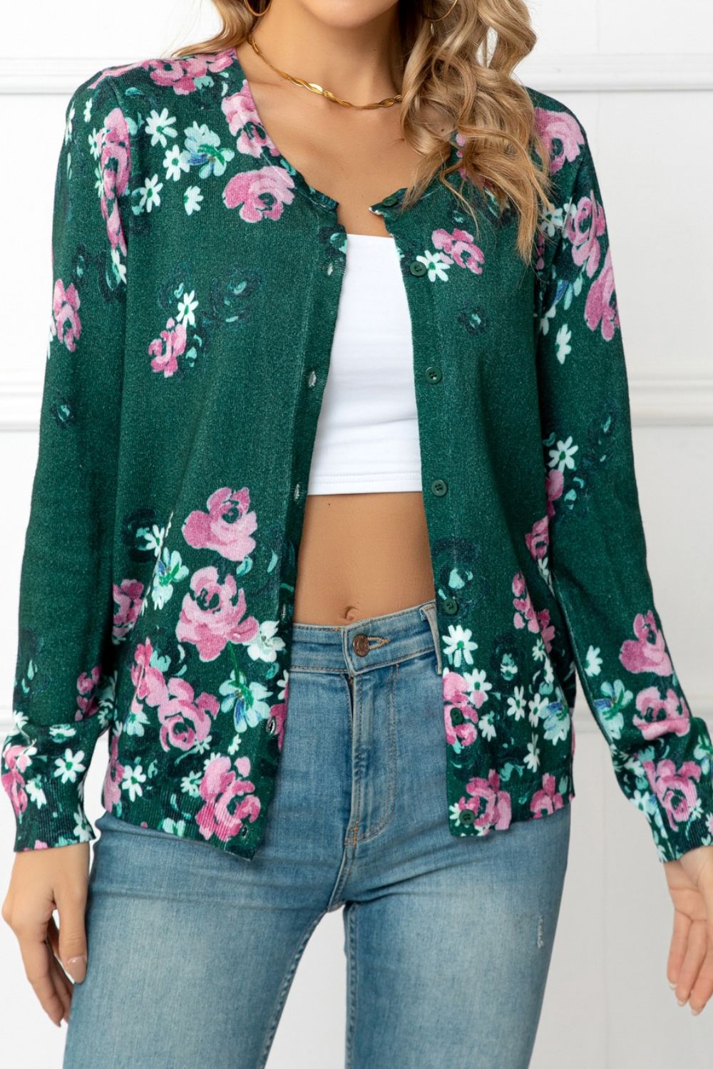 Woven Right Floral Button Front Round Neck Cardigan-Angel Casuals