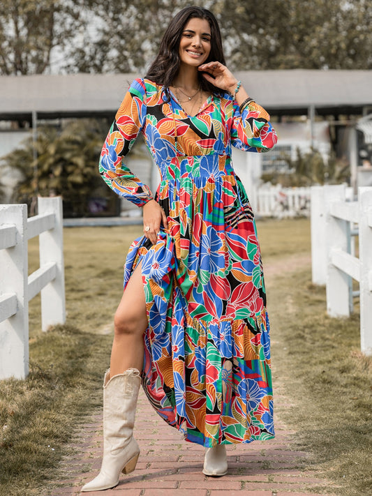 Printed Smocked Tie Neck Balloon Sleeve Maxi Dress-Angel Casuals