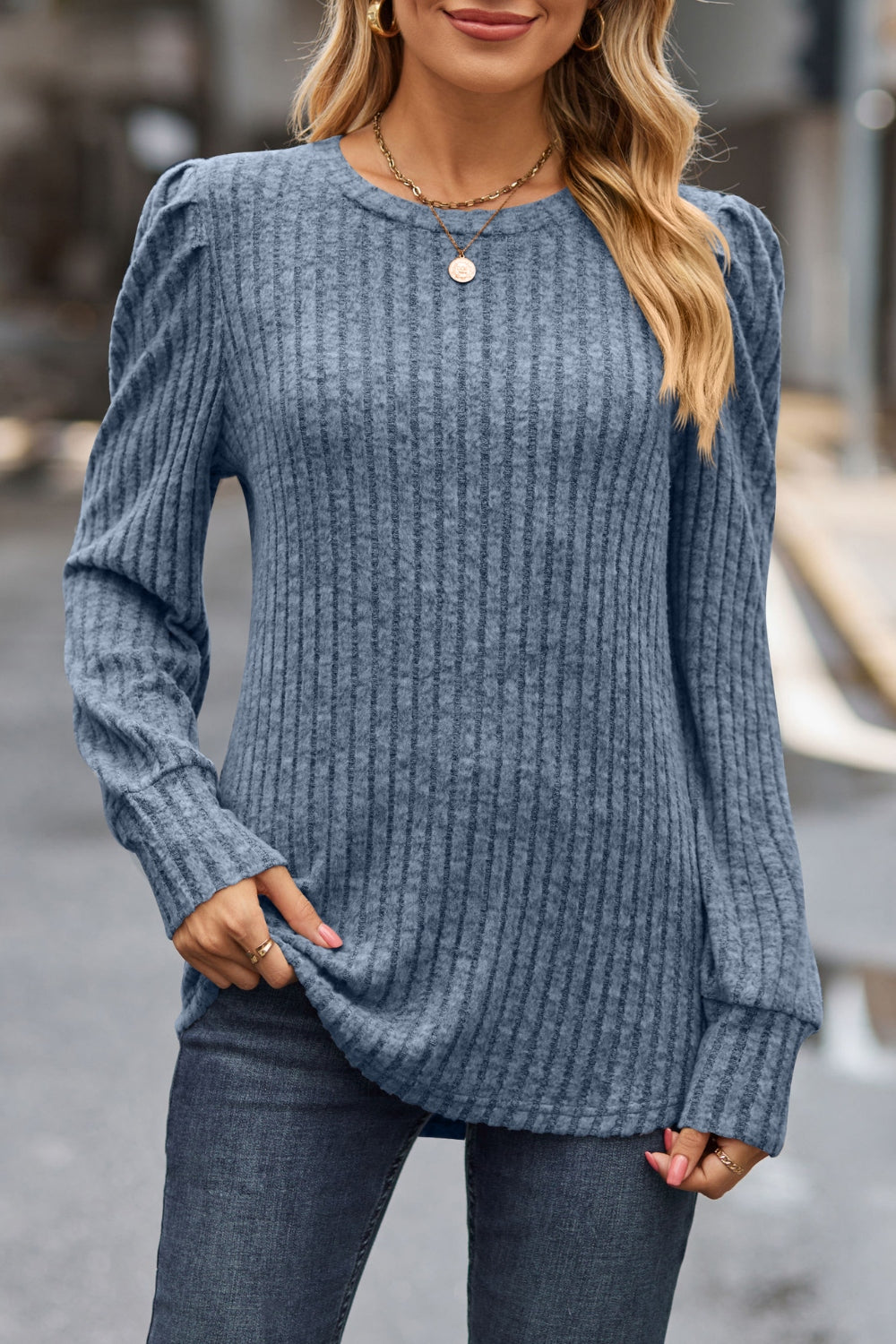 Lovelet Ribbed Round Neck Long Sleeve Knit Top-Angel Casuals