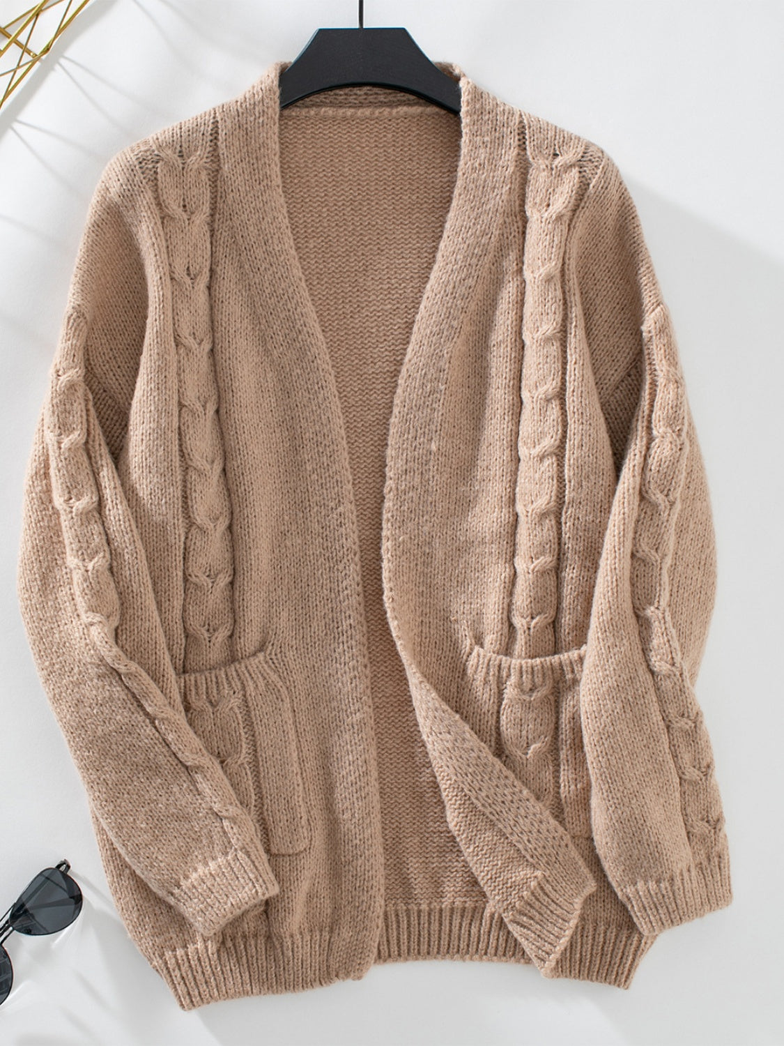 Cable-Knit Open Front Long Sleeve Cardigan-Angel Casuals