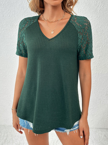 Lace Detail V-Neck Short Sleeve T-Shirt-Angel Casuals