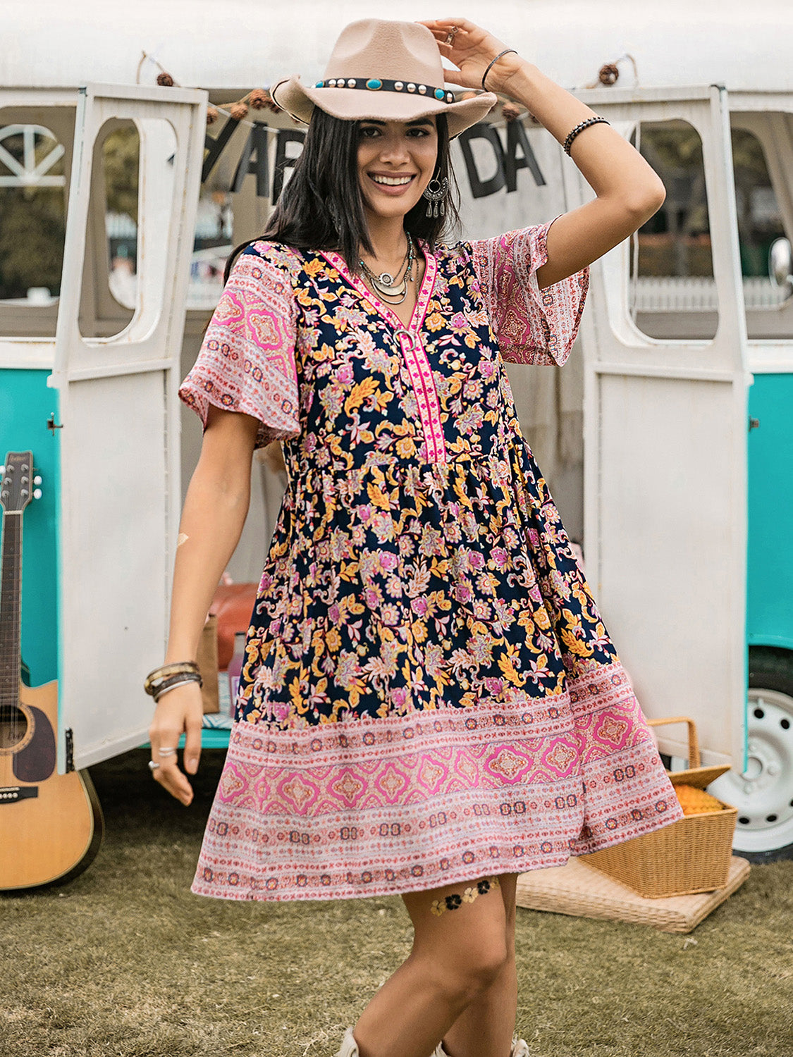 Printed V-Neck Short Sleeve Dress-Angel Casuals