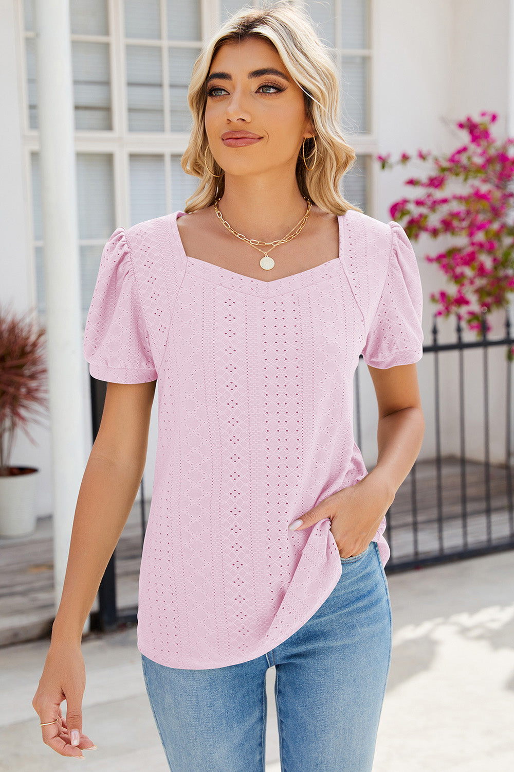 Eyelet Puff Sleeve T-Shirt-Angel Casuals