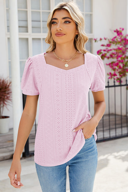 Eyelet Puff Sleeve T-Shirt-Angel Casuals