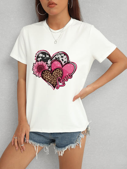 Heart Round Neck Short Sleeve T-Shirt-Angel Casuals
