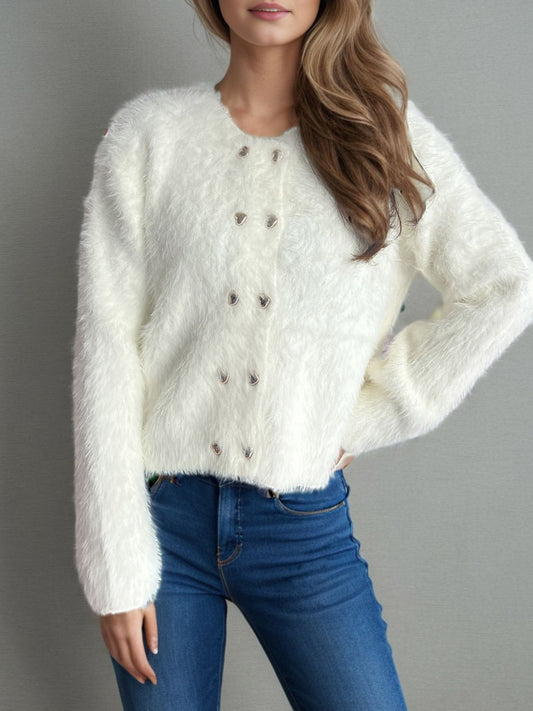 Heart Button Round Neck Cardigan-Angel Casuals