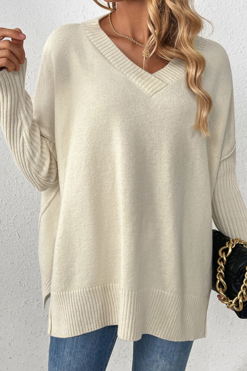 Slit V-Neck Dropped Shoulder Sweater-Angel Casuals