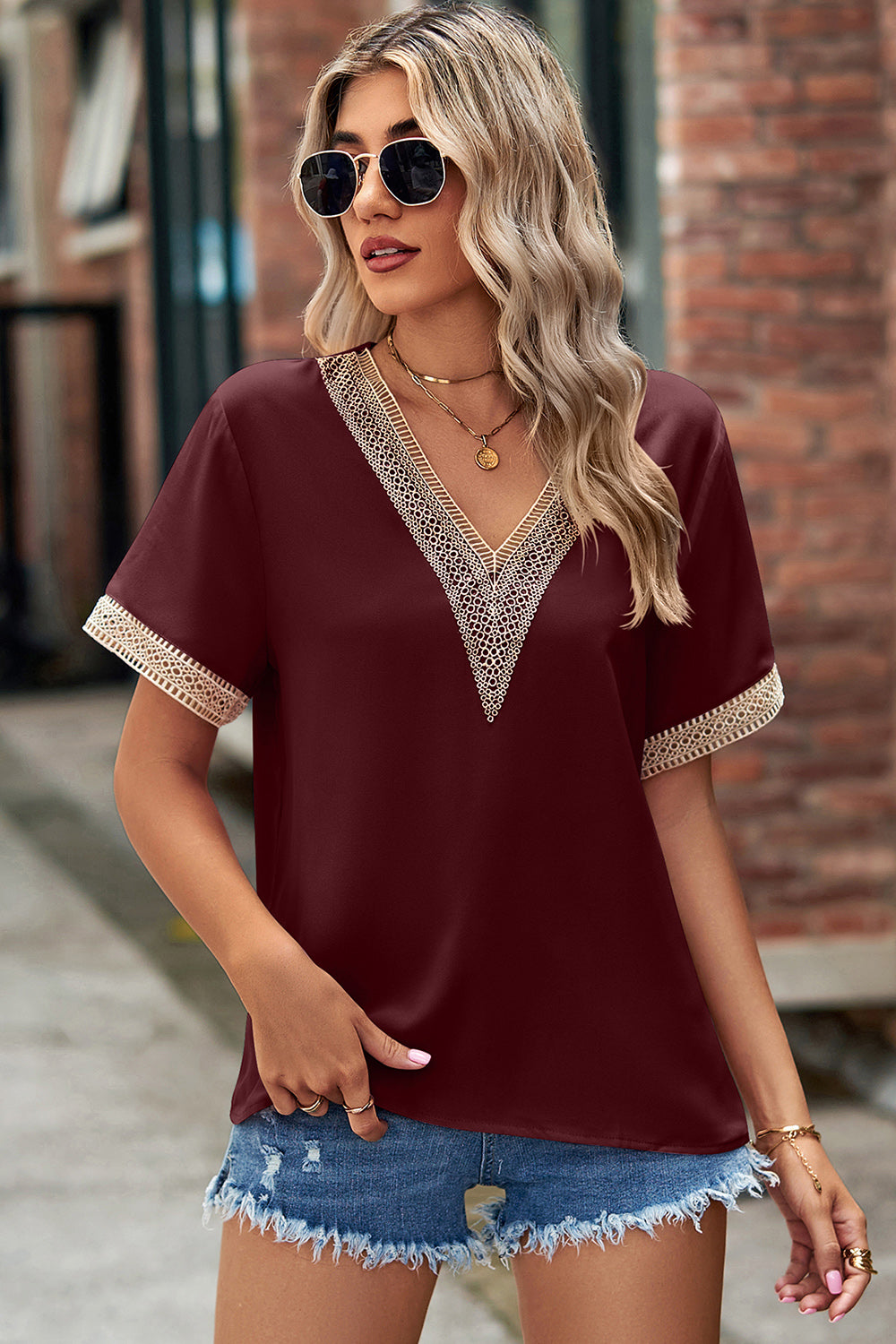 Openwork V-Neck Short Sleeve T-Shirt-Angel Casuals