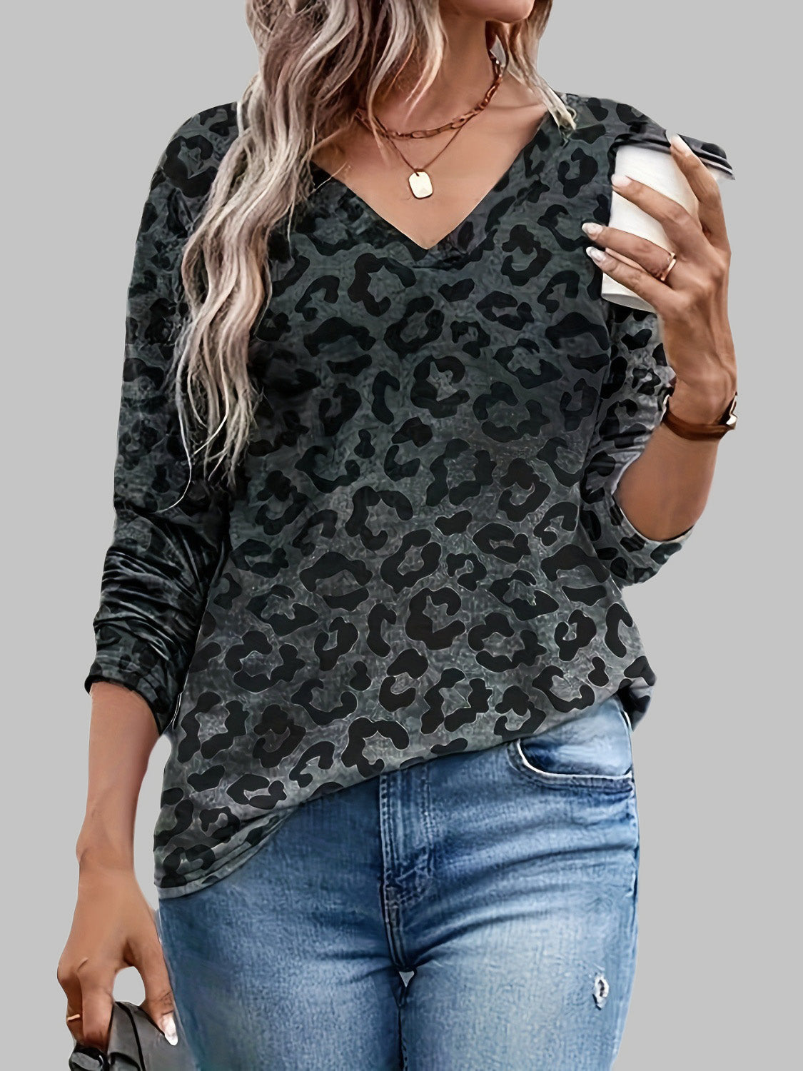 Leopard V-Neck Long Sleeve T-Shirt-Angel Casuals