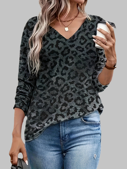 Leopard V-Neck Long Sleeve T-Shirt-Angel Casuals
