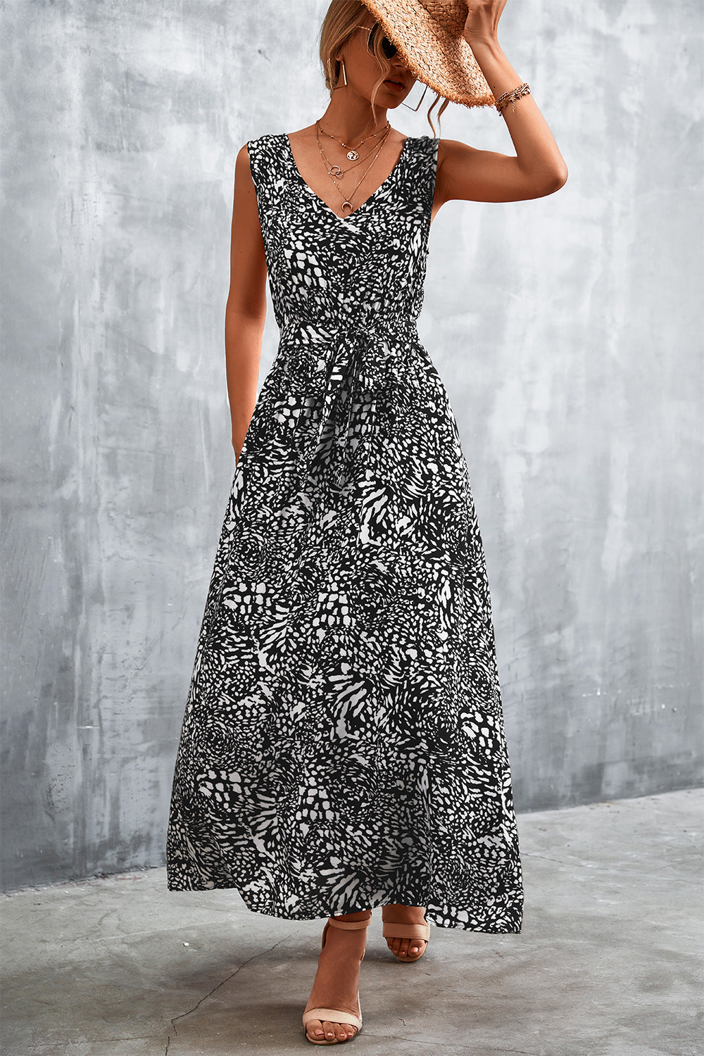 Printed V-Neck Tie Waist Maxi Dress-Angel Casuals