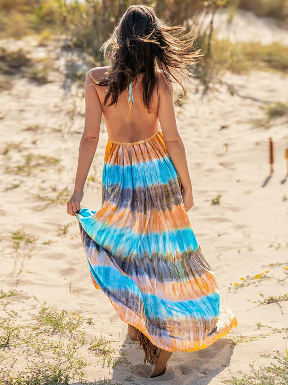 Tie-Dye Halter Neck Sleeveless Dress-Angel Casuals