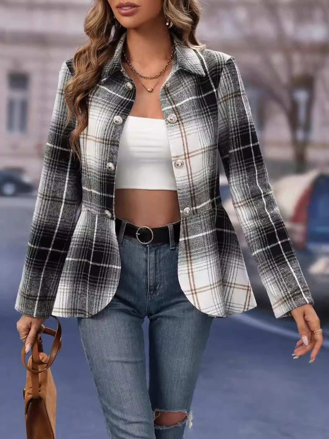 Plaid Button Up Long Sleeve Jacket-Angel Casuals