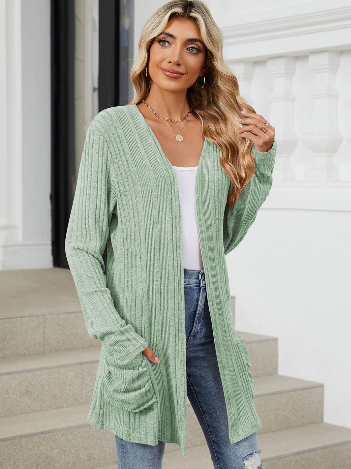 Pocketed Open Front Long Sleeve Cardigan-Angel Casuals