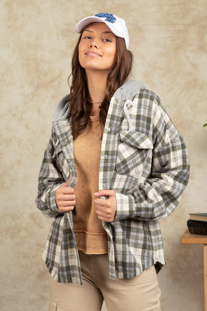 Drawstring Plaid Long Sleeve Hooded Jacket-Angel Casuals
