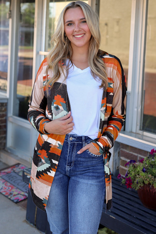 Geometric Open Front Long Sleeve Cardigan with Pockets-Angel Casuals