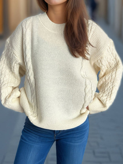 Cable-Knit Round Neck Long Sleeve Sweater-Angel Casuals