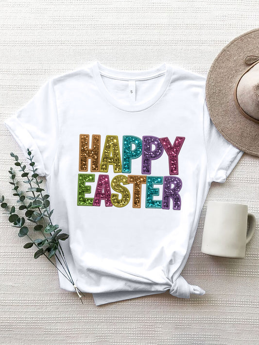 HAPPY EASTER Round Neck Short Sleeve T-Shirt-Angel Casuals