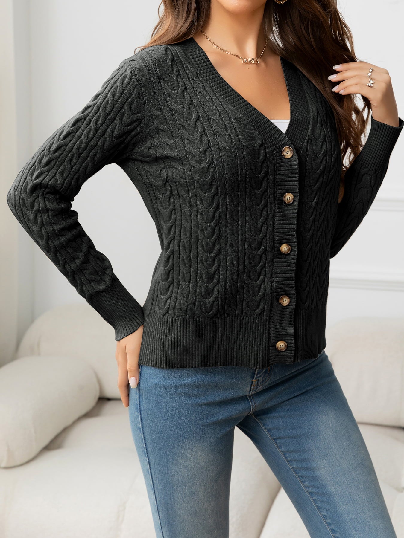 V-Neck Long Sleeve Cable-Knit Buttoned Knit Top-Angel Casuals