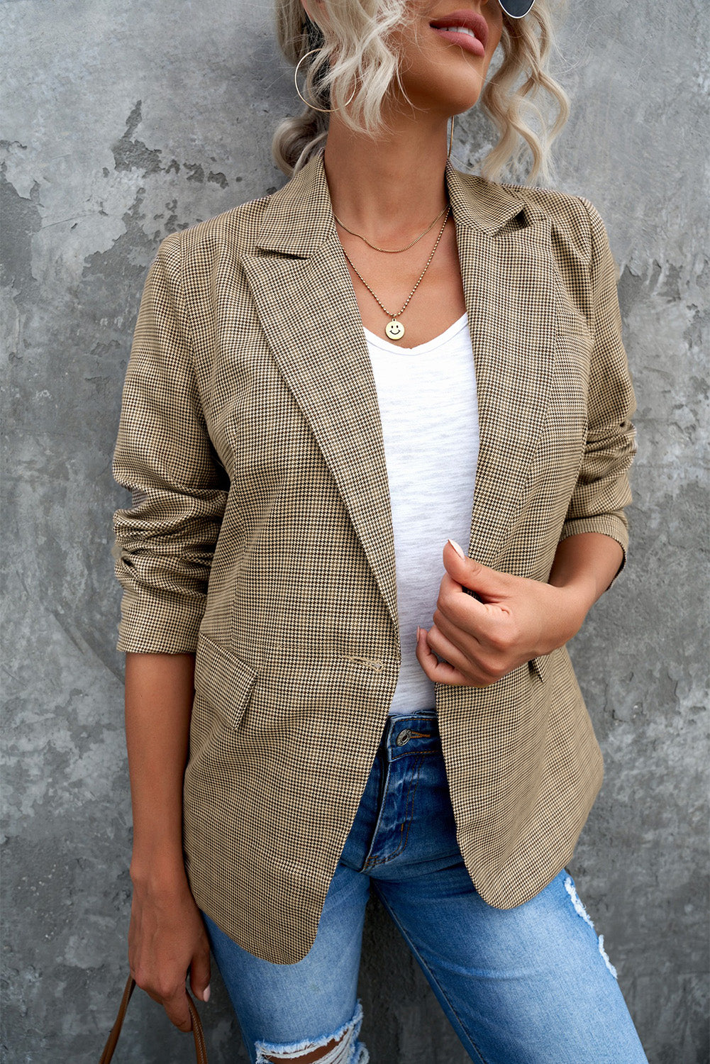 Plaid Lapel Collar Button Cuff Blazer-Angel Casuals