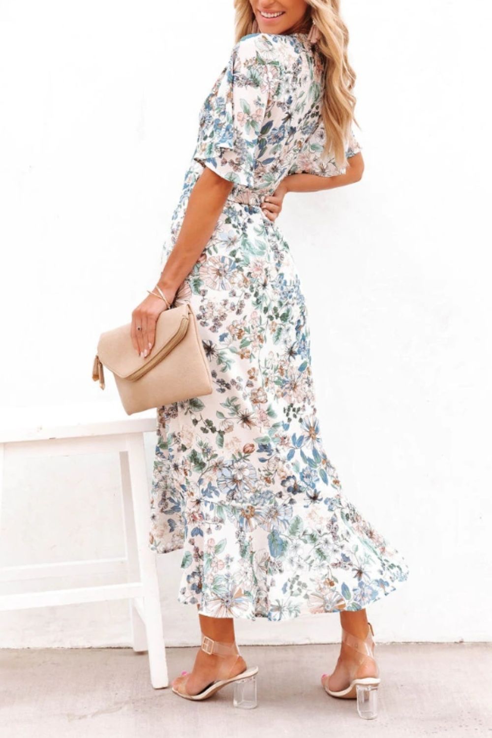 High-Low Printed Surplice Flutter Sleeve Midi Dress-Angel Casuals