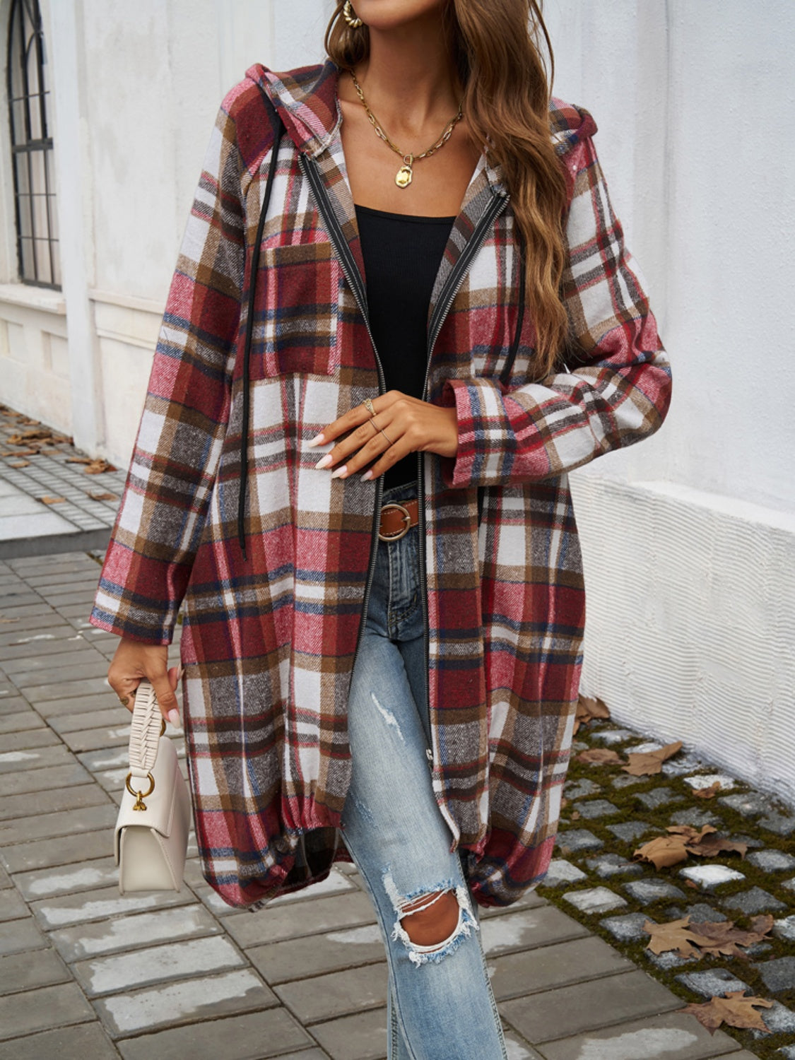 Devine Plaid Zip Up Hooded Coat-Angel Casuals