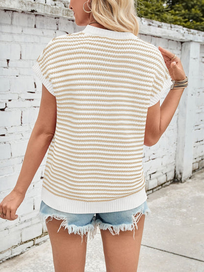 Lovelet Striped Round Neck Cap Sleeve Sweater-Angel Casuals