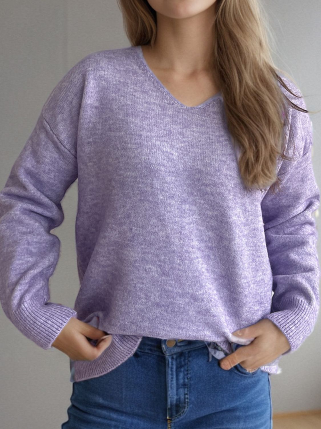 V-Neck Dropped Shoulder Long Sleeve Sweater-Angel Casuals