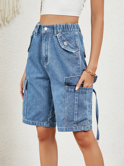 Buttoned Elastic Waist Denim Shorts with Pockets-Angel Casuals