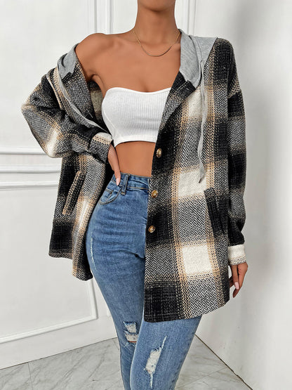 Plaid Drawstring Hooded Jacket-Angel Casuals