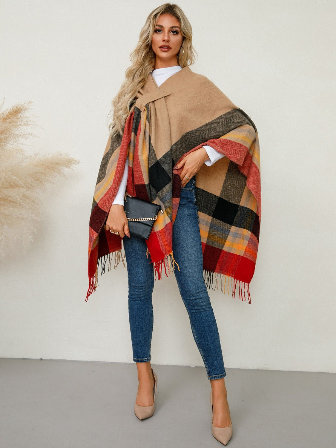 Fringe Contrast Plaid Poncho-Angel Casuals