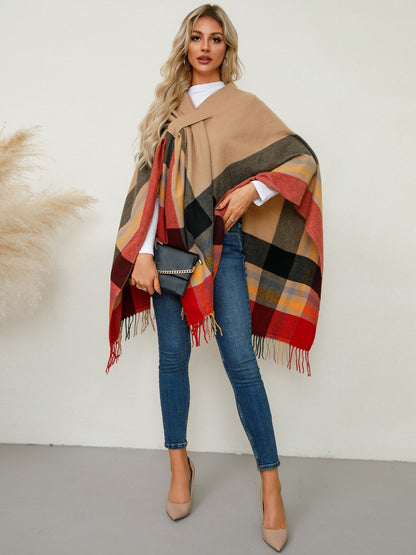 Fringe Contrast Plaid Poncho-Angel Casuals