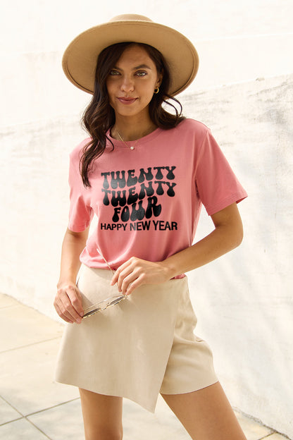 Simply Love Full Size TWENTY TWENTY FOUR HAPPY NEW YEAR Short Sleeve T-Shirt-Angel Casuals