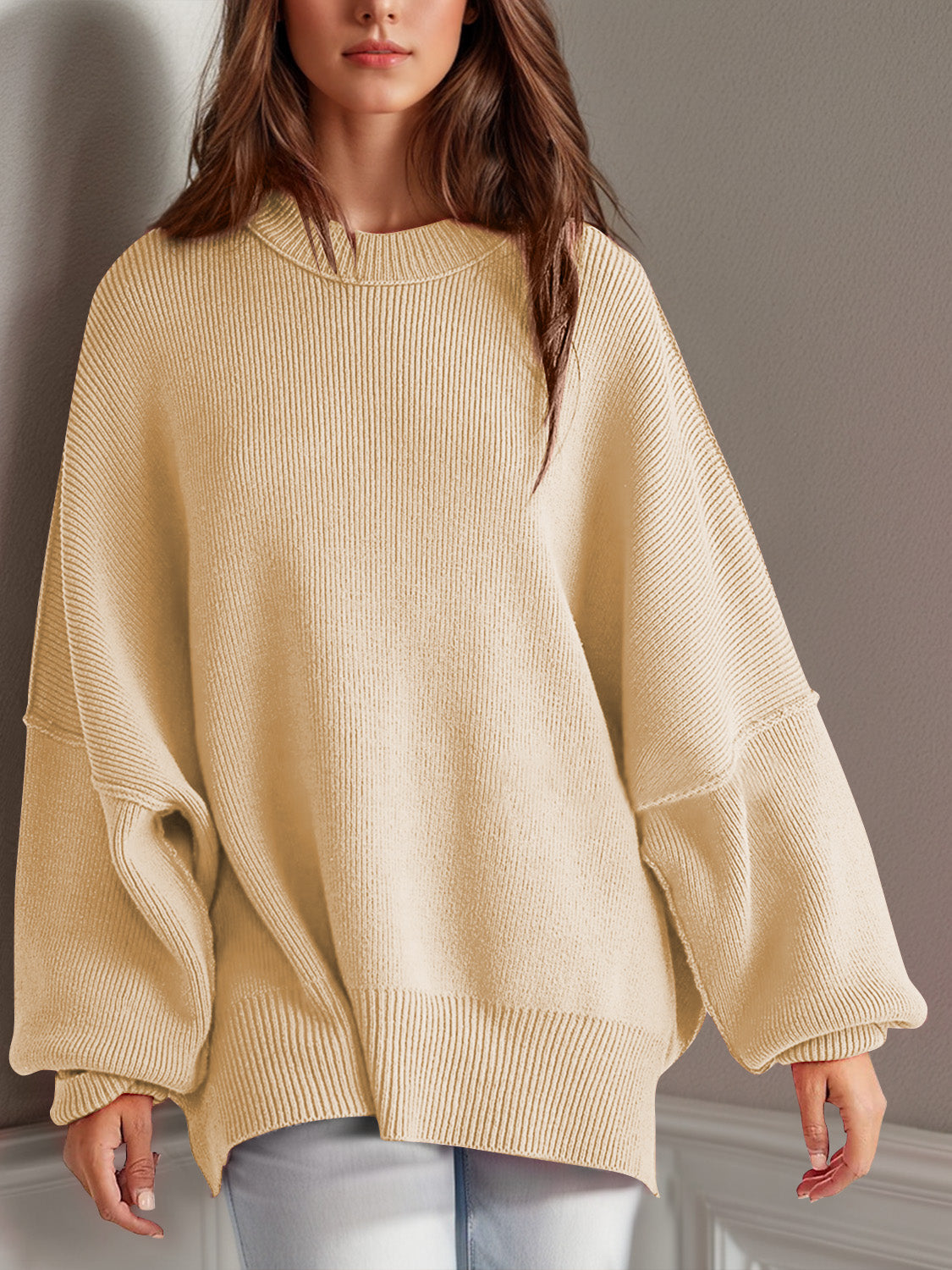 Double Take Side Slit Round Neck Long Sleeve Sweater-Angel Casuals