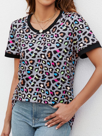 Leopard Round Neck Short Sleeve Tee Shirt-Angel Casuals