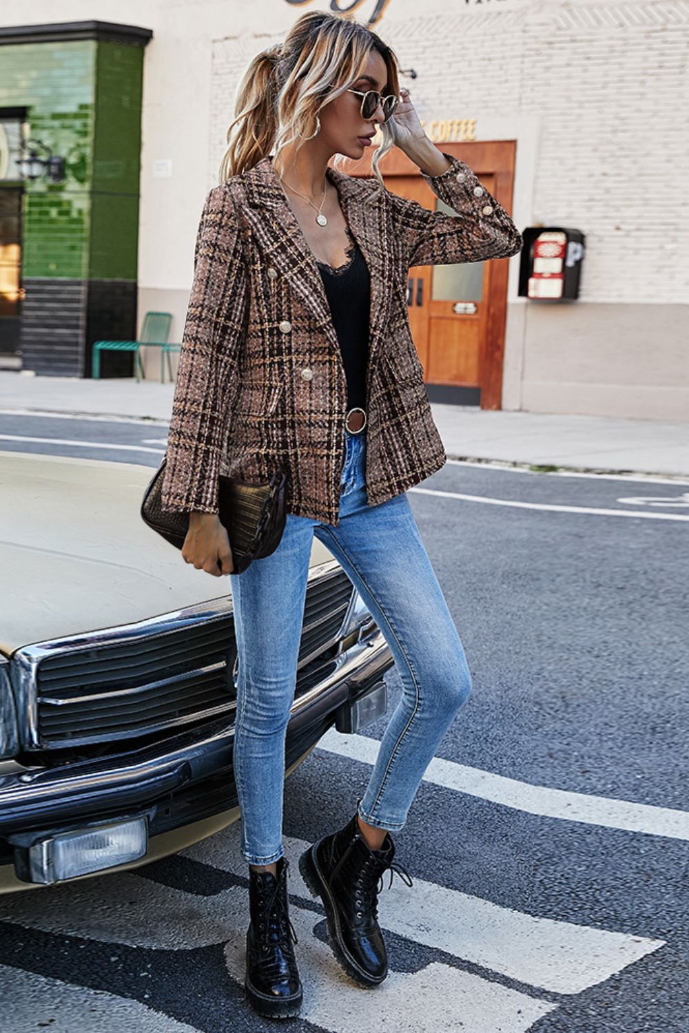 Full Size Plaid Buttoned Blazer-Angel Casuals