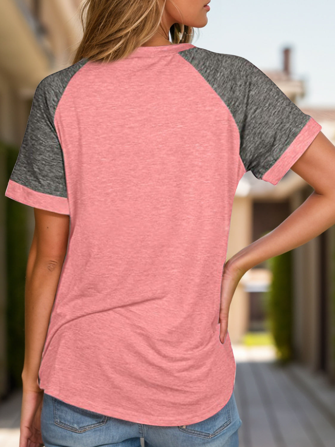 Full Size Contrast Round Neck Short Sleeve T-Shirt-Angel Casuals