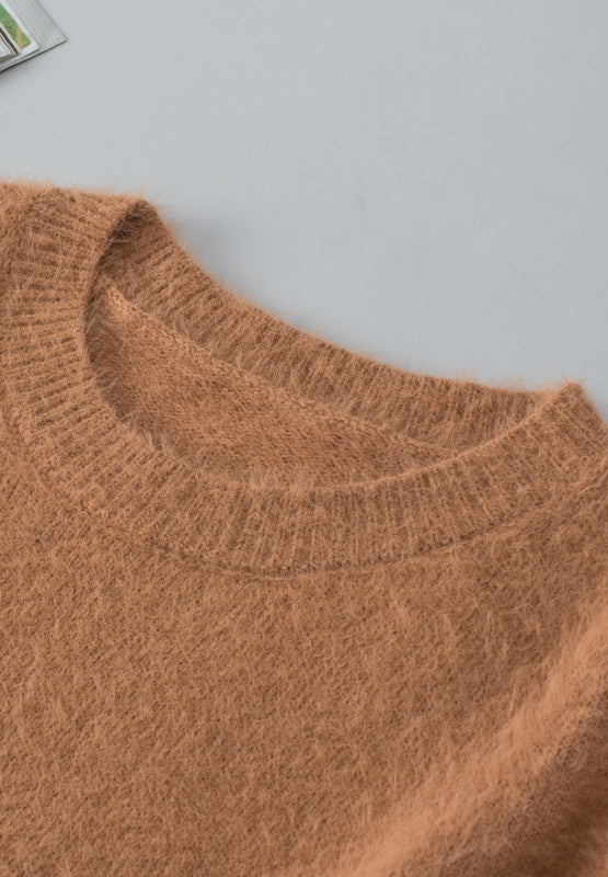 Fuzzy Round Neck Half Sleeve Sweater-Angel Casuals