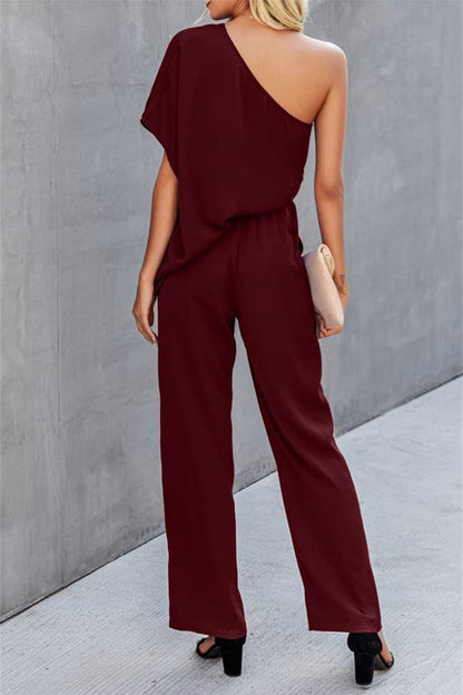 Single Shoulder Short Sleeve Jumpsuit-Angel Casuals