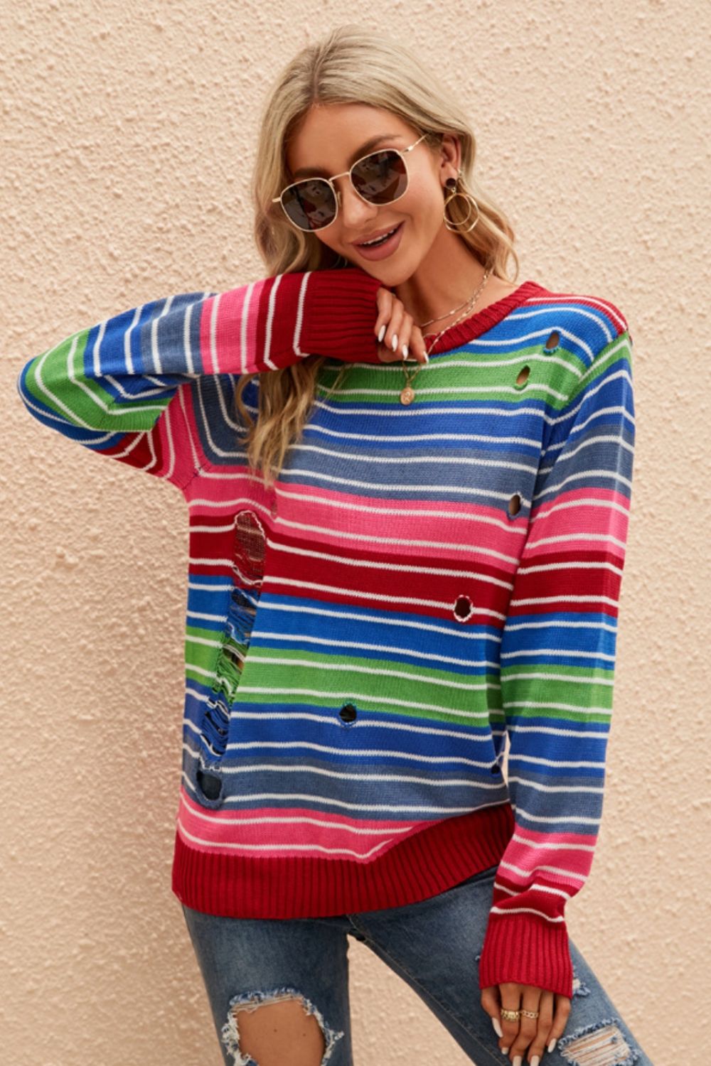 Striped Distressed Cutout Round Neck Sweater-Angel Casuals