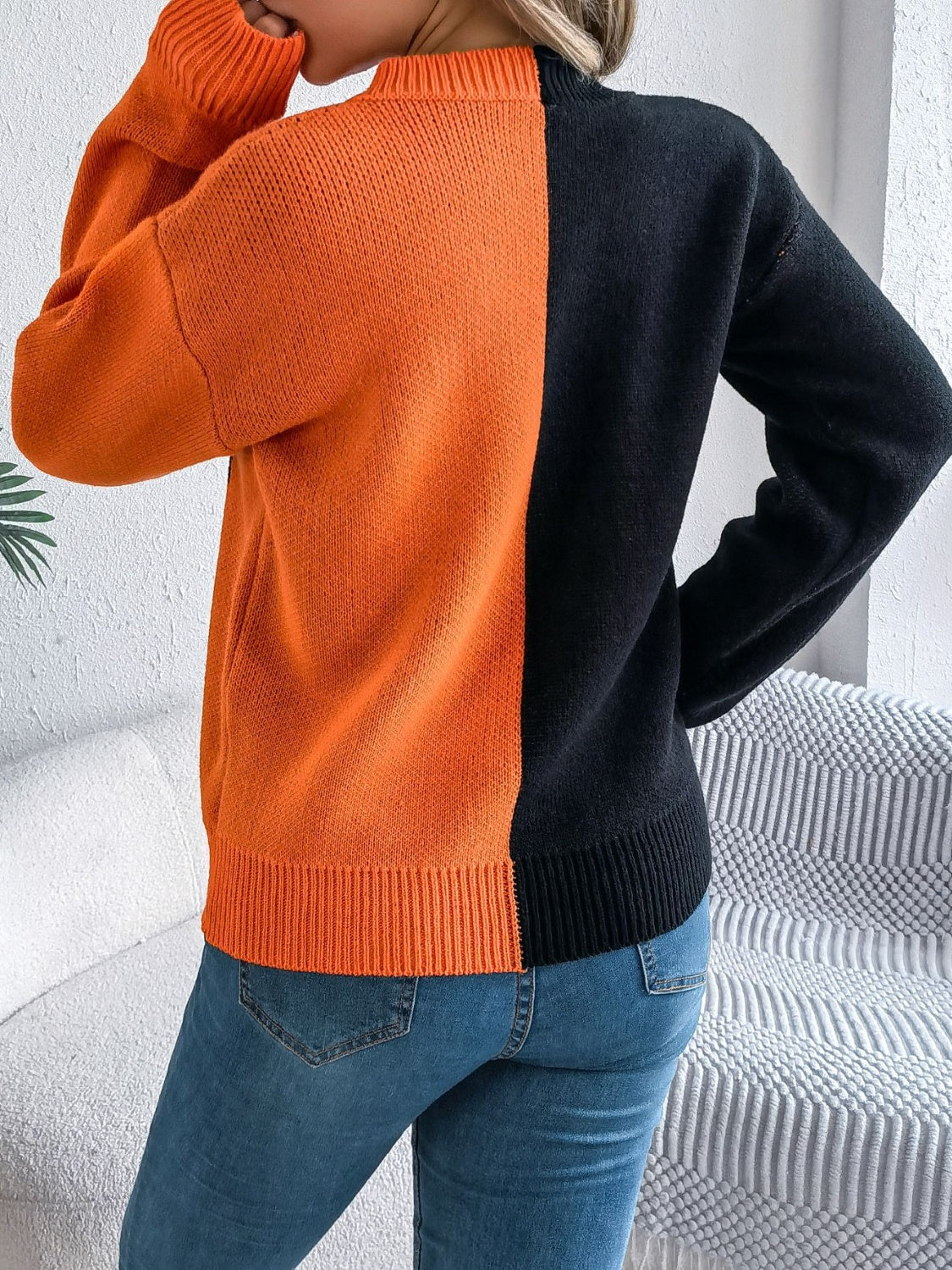 Contrast Round Neck Long Sleeve Sweater-Angel Casuals