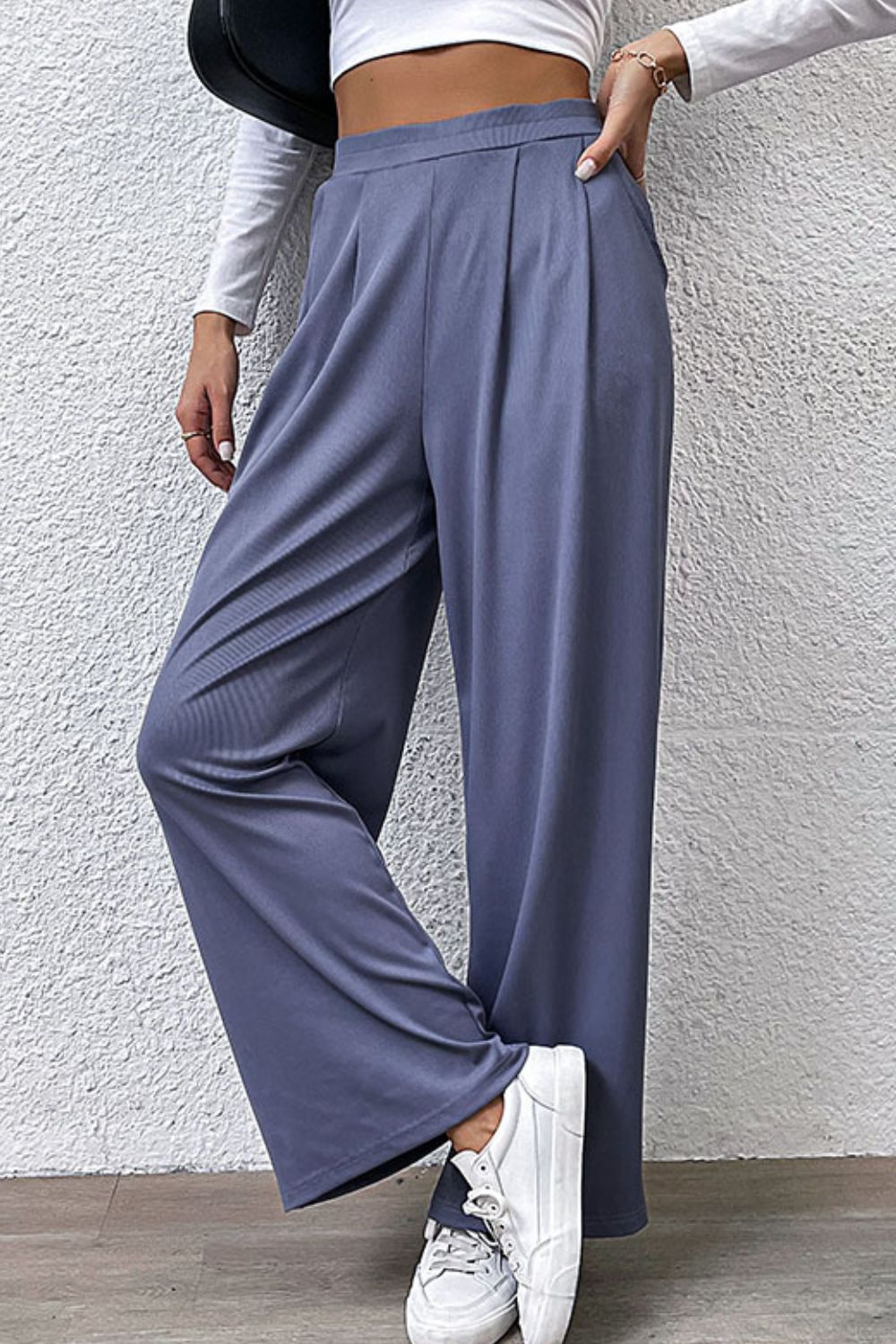 Pleated Detail Wide-Leg Pants with Pockets-Angel Casuals