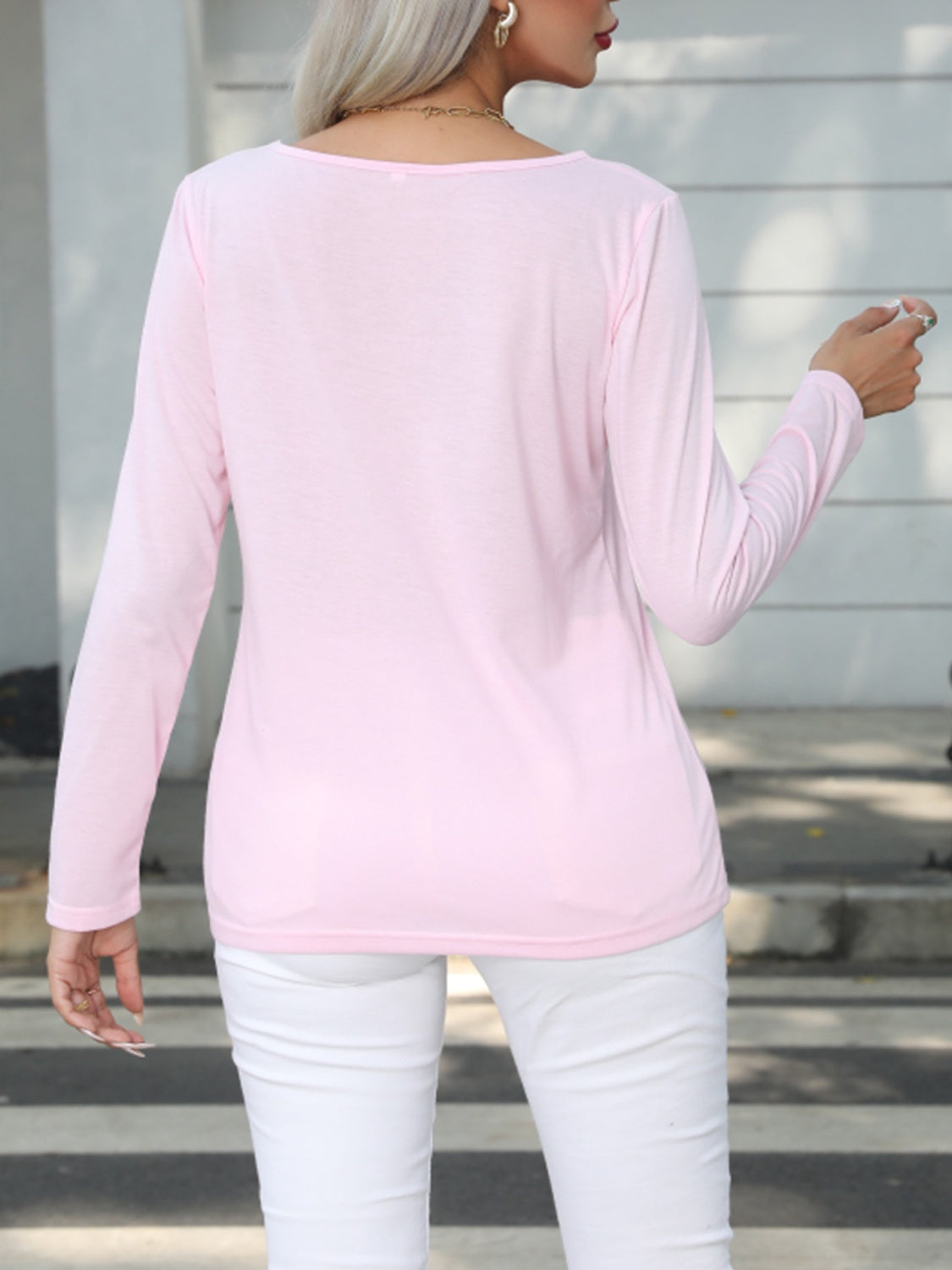 Decorative Button Round Neck Long Sleeve T-Shirt-Angel Casuals
