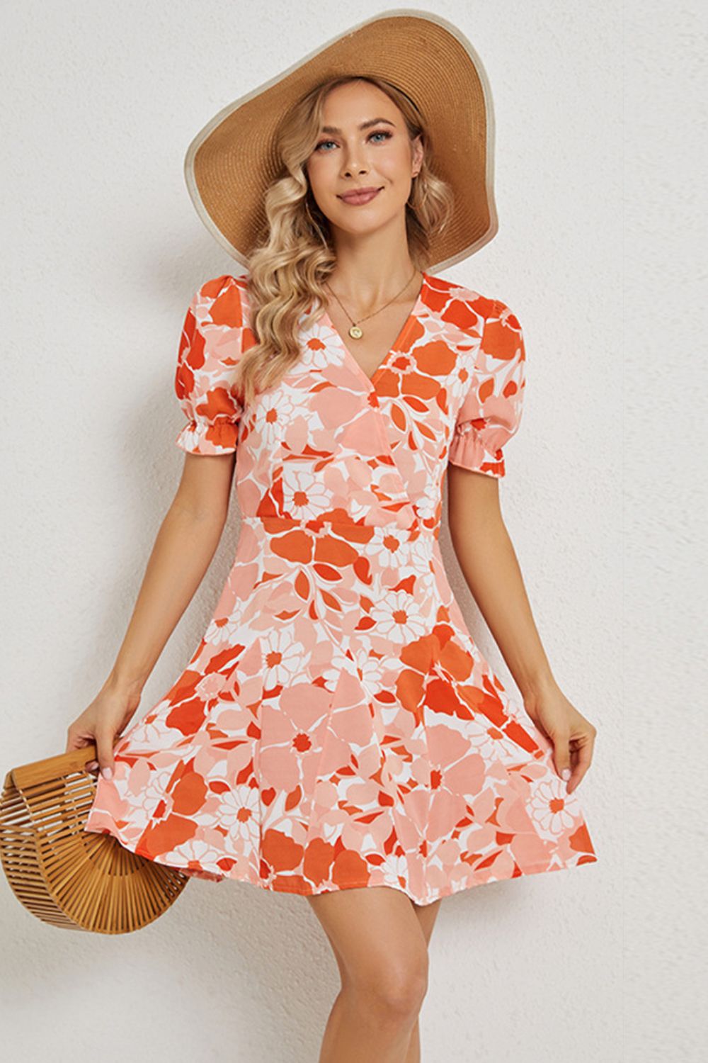 Floral Surplice Neck Flounce Sleeve Dress-Angel Casuals