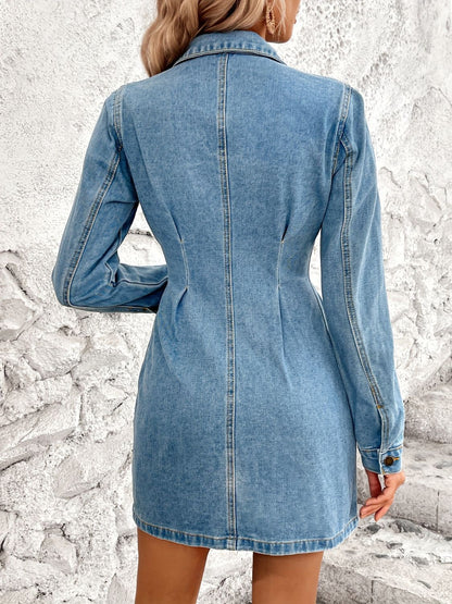 Pocketed Button Up Long Sleeve Denim Dress-Angel Casuals