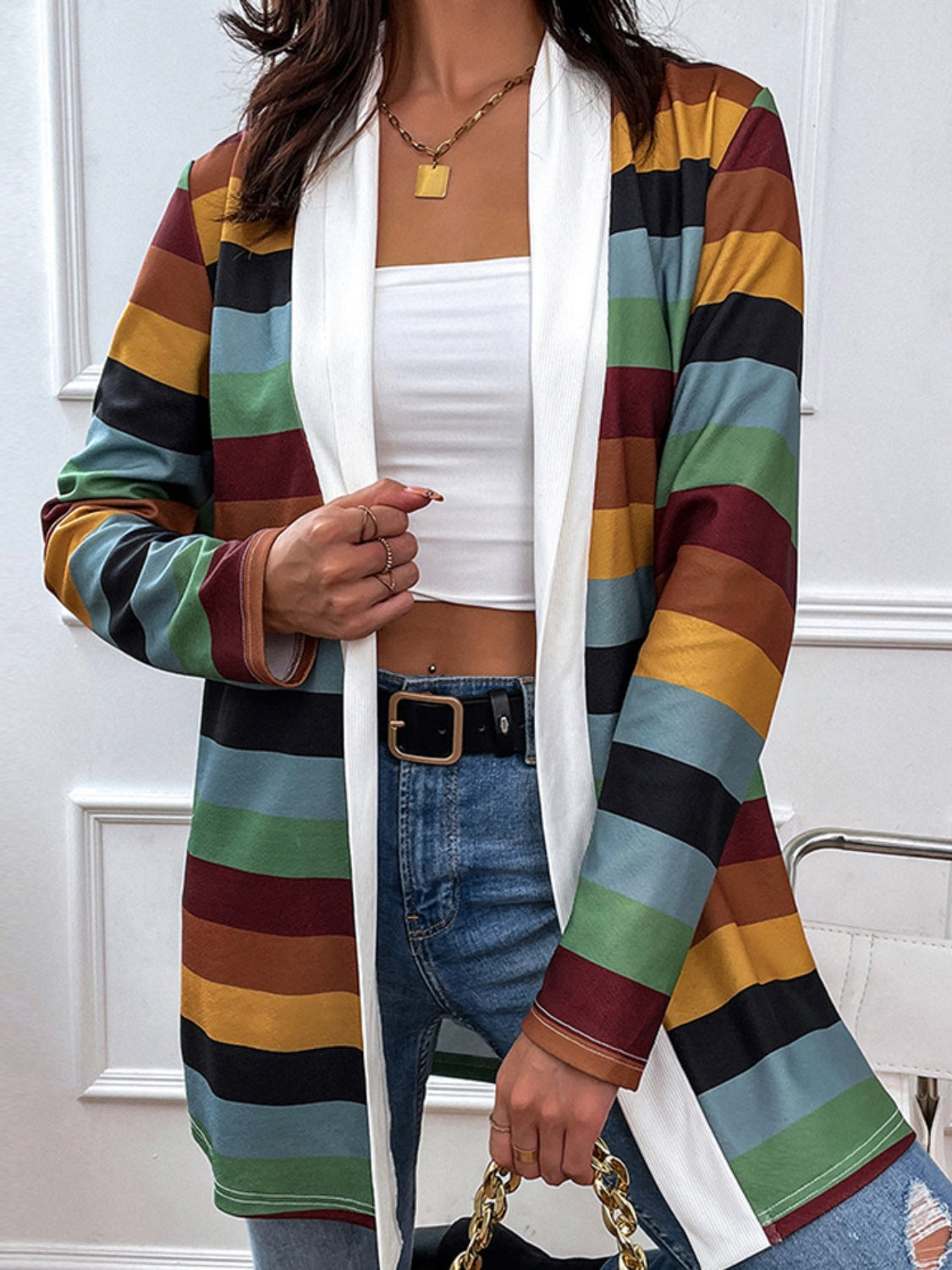 Shiny Color Block Open Front Cardigan-Angel Casuals