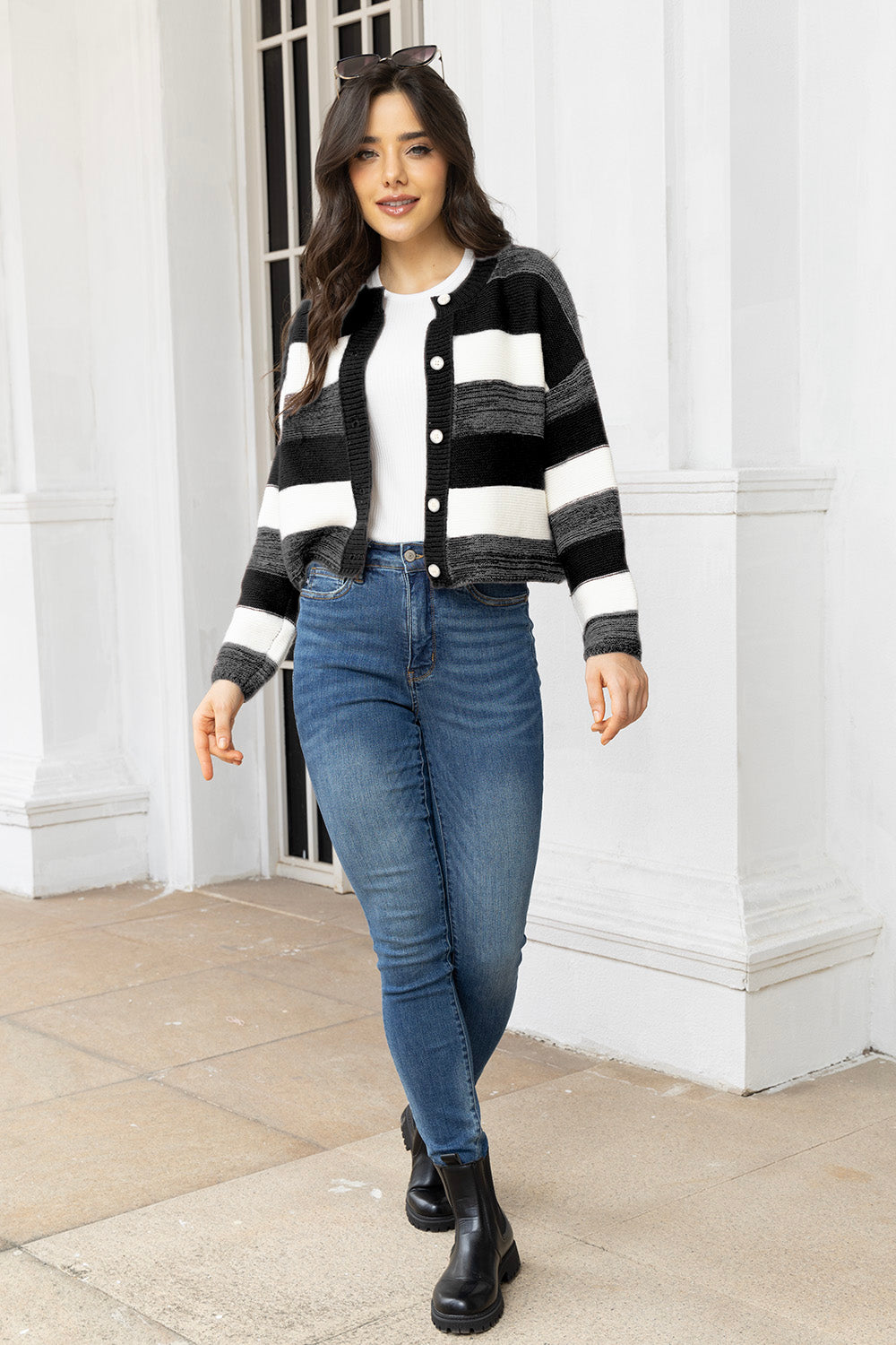 Striped Button Up Long Sleeve Cardigan-Angel Casuals